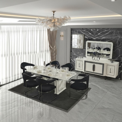 Modern Iesszëmmer Set Wäissen Iessdësch 6 Still wäissen Sideboard Spigel nei