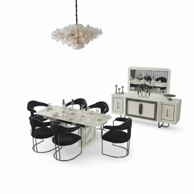 Modern Iesszëmmer Set Wäissen Iessdësch 6 Still wäissen Sideboard Spigel nei