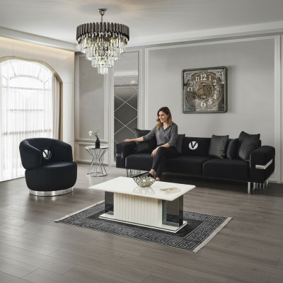 Modern Wunnzëmmer Set Schwaarzt Sofa schwaarze Sesselen Dësch nei