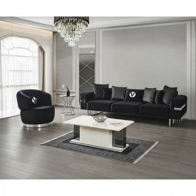 Modern Wunnzëmmer Set Schwaarzt Sofa schwaarze Sesselen Dësch nei