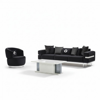 Modern Wunnzëmmer Set Schwaarzt Sofa schwaarze Sesselen Dësch nei