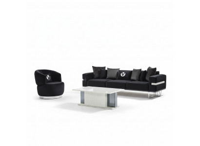 Modern Wunnzëmmer Set Schwaarzt Sofa schwaarze Sesselen Dësch nei