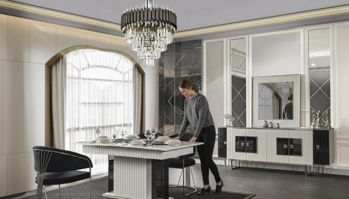 Luxus Iesszëmmer Set Iessdësch mat 6x Léinstill Kommoud Spigel 8 Deeler