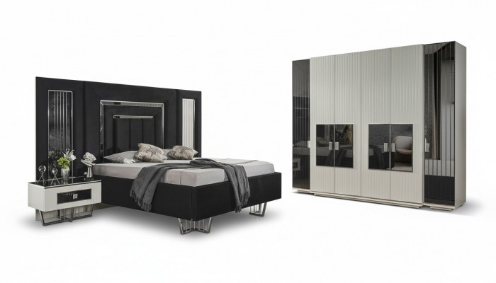 Schlofzëmmer Set 2x Nuetsdëscher Kleederschaf Komplett Zëmmer Bett Miwwelen 4-tlg