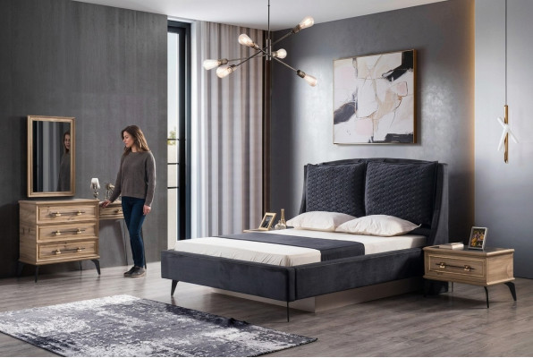 Schlofzimmer Set 4-deeleger modernen Luxusbett 2 Nuetsdëscher Kommode inklusiv