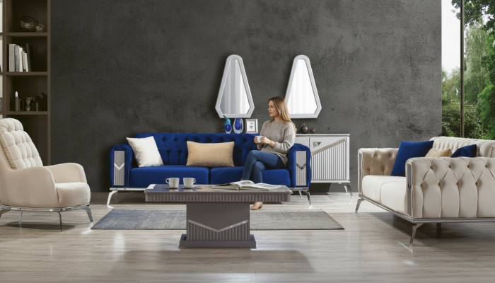 Sofa Garnitur Canapé Set Polsterméin 3+3+1 Dësch 4 Stéck Garnituren