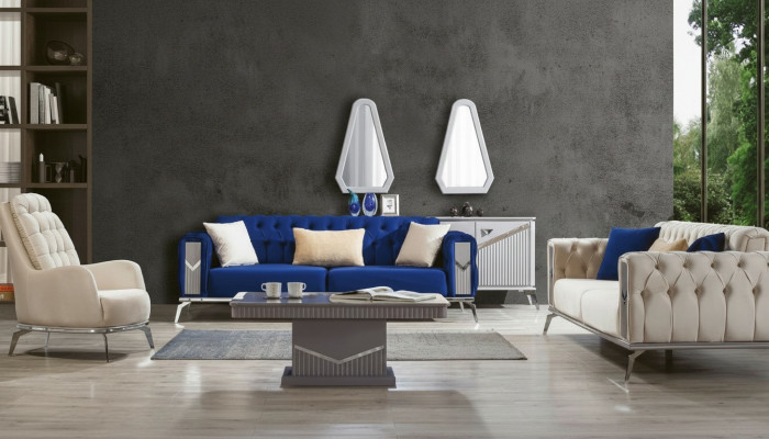 Sofa Garnitur Canapé Set Polsterméin 3+3+1 Dësch 4 Stéck Garnituren