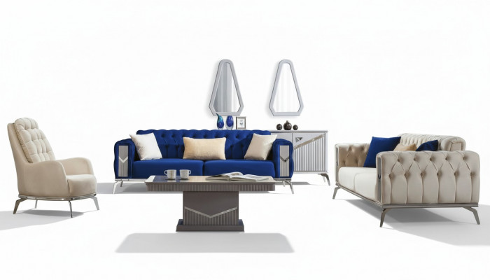Sofa Garnitur Canapé Set Polsterméin 3+3+1 Dësch 4 Stéck Garnituren