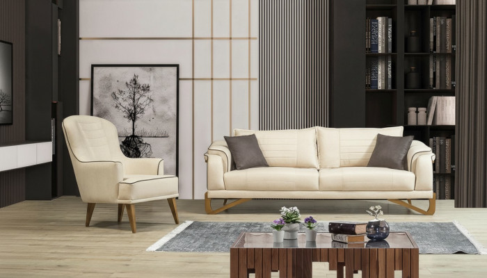 Canapé-Set Beige mat Holzgestell 3+1 Sëtzer Couche Garnituren Miwwelen