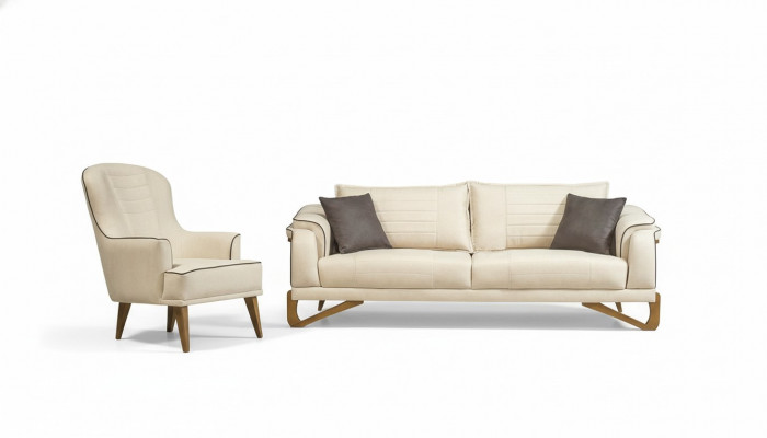 Canapé-Set Beige mat Holzgestell 3+1 Sëtzer Couche Garnituren Miwwelen