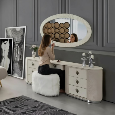 Schminkdësch Set Konsole Mënsch-Schlofkummer Miwwelen Design Hocker Set Nei