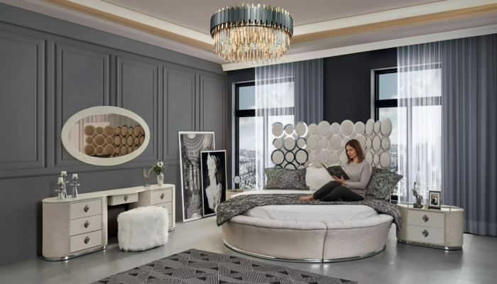 Schlofkummer-Set modern Bett + 2 Nospëtsdëscher + Schminktësch + Spigel nei