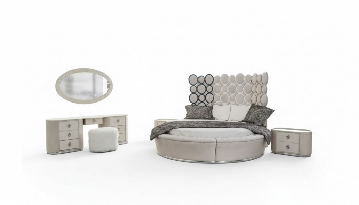 Schlofkummer-Set modern Bett + 2 Nospëtsdëscher + Schminktësch + Spigel nei