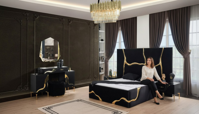 Luxe Schlofzëmmer Miwwelen Bett mat gëllenen Schlaange Muster Better 200x200