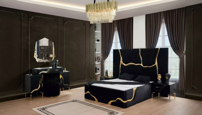 Luxe Schlofzëmmer Miwwelen Bett mat gëllenen Schlaange Muster Better 200x200
