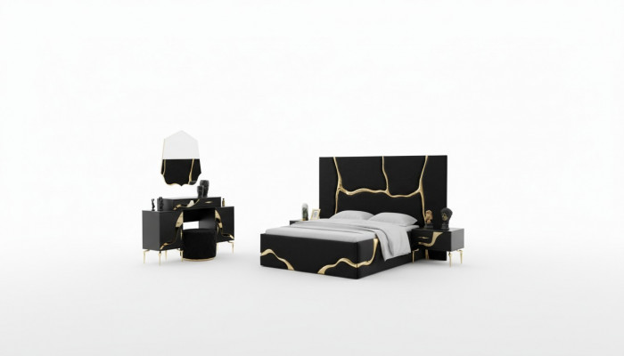Luxe Schlofzëmmer Miwwelen Bett mat gëllenen Schlaange Muster Better 200x200