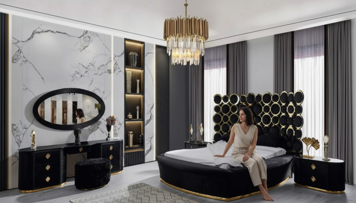 Komplett Schlofkummer Set Luxusbett 2x Nuetsdëscher Schminkdësch Spigel 5 Deeler