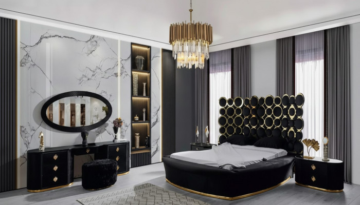 Komplett Schlofkummer Set Luxusbett 2x Nuetsdëscher Schminkdësch Spigel 5 Deeler