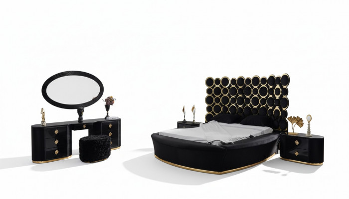 Komplett Schlofkummer Set Luxusbett 2x Nuetsdëscher Schminkdësch Spigel 5 Deeler