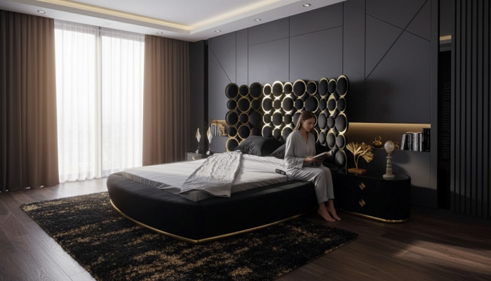 Designer Bett Luxus Textilbetter Schlofzëmmer Duebelbett 200x200cm Bettrahmen
