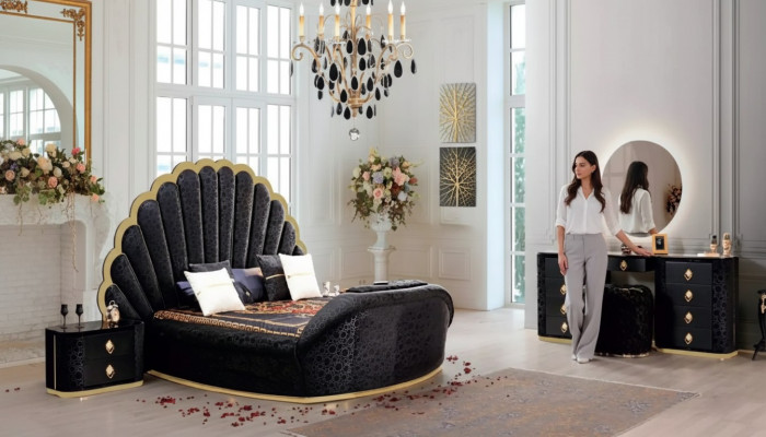Modern luxuriéis Schlofzëmmermiwwel aus héichwäertegem Stoff a stabilem Holz.
