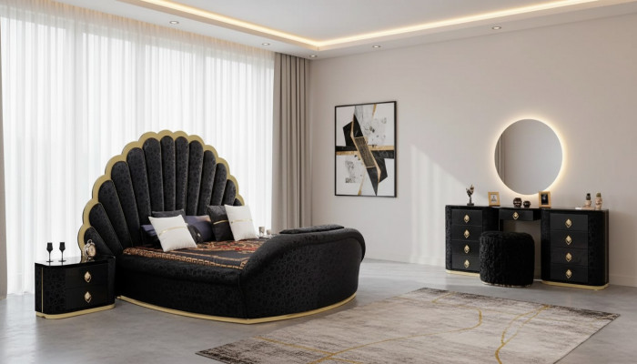 Modern luxuriéis Schlofzëmmermiwwel aus héichwäertegem Stoff a stabilem Holz.