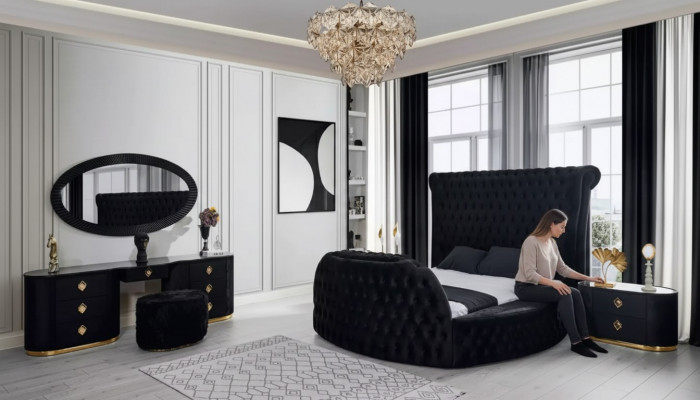 Schlofzëmmer schwaarz Set Bett 2x Nuetsdëscher Make-up Dësch Chesterfield 5tlg