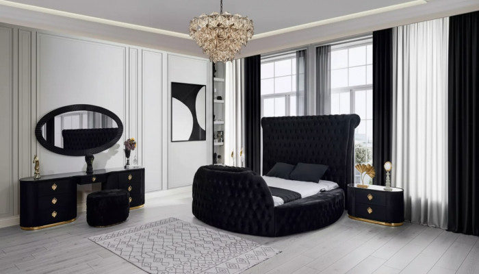 Schlofzëmmer schwaarz Set Bett 2x Nuetsdëscher Make-up Dësch Chesterfield 5tlg