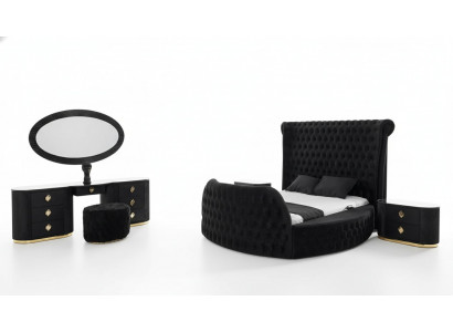 Schlofzëmmer schwaarz Set Bett 2x Nuetsdëscher Make-up Dësch Chesterfield 5tlg