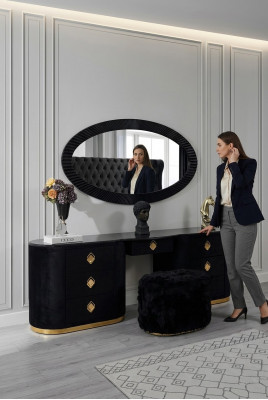 Oval Schminktisch Konsolendësch mat Hocker Schlofzëmmer Dëscher Schminktëscher