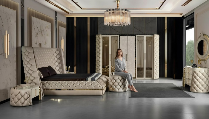 Schlofzëmmer Set Chesterfield Miwweldesign Bett Kleederschaf Spigel 7 Stécker.