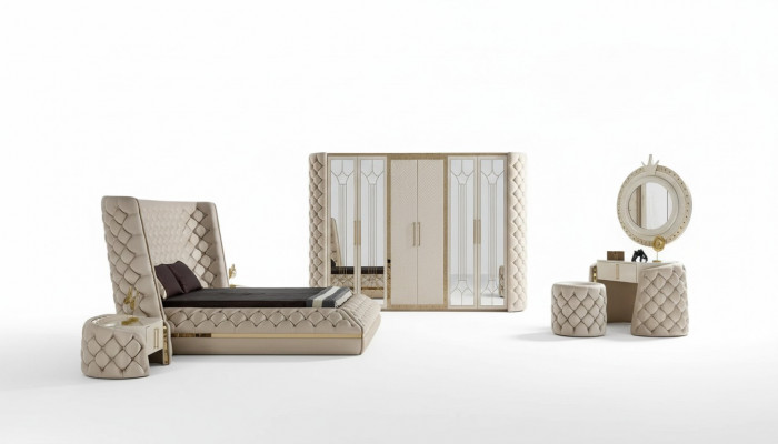 Schlofzëmmer Set Chesterfield Miwweldesign Bett Kleederschaf Spigel 7 Stécker.