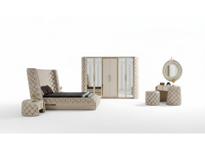 Schlofzëmmer Set Chesterfield Miwweldesign Bett Kleederschaf Spigel 7 Stécker.