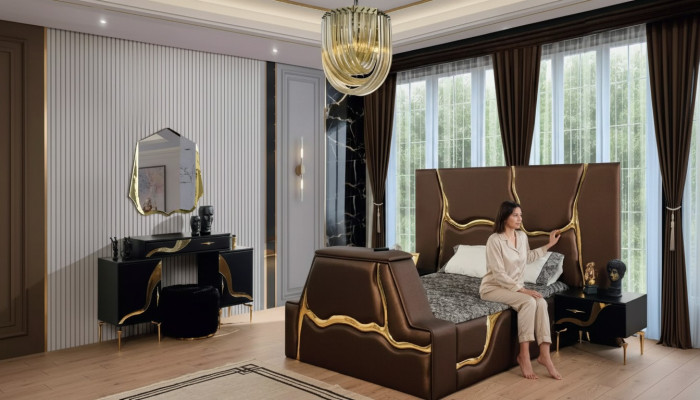 Luxus Schlofzëmmer Set Bett Nuetsdësch Gold Schminkdësch Nuetsdëscher 5 Stécker.