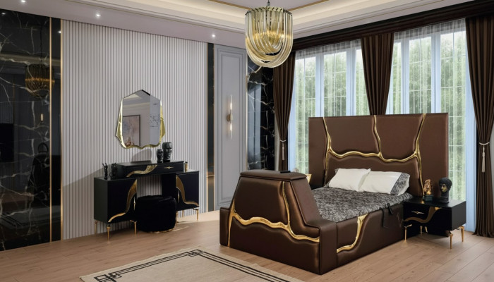 Luxus Schlofzëmmer Set Bett Nuetsdësch Gold Schminkdësch Nuetsdëscher 5 Stécker.