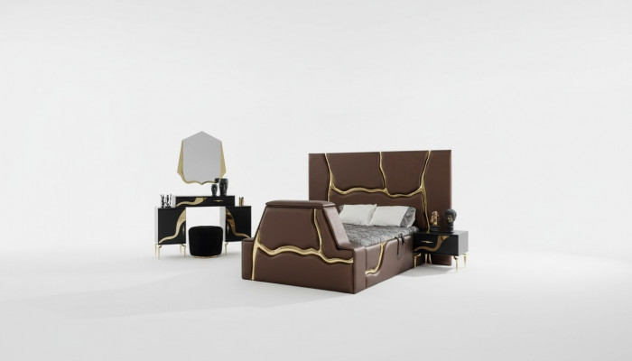 Luxus Schlofzëmmer Set Bett Nuetsdësch Gold Schminkdësch Nuetsdëscher 5 Stécker.