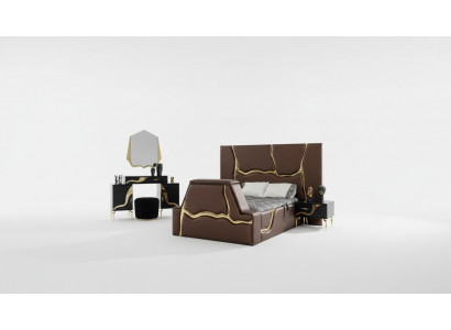 Luxus Schlofzëmmer Set Bett Nuetsdësch Gold Schminkdësch Nuetsdëscher 5 Stécker.