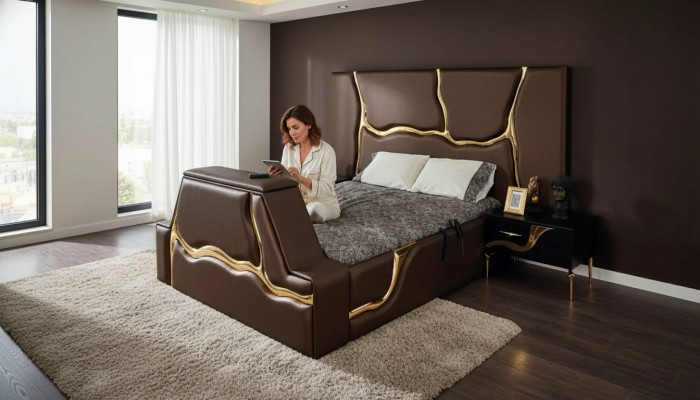 Design, Bett, Polster, Better, Duebelbett, Bestiet Geschir, Luxus, Schlofzëmmer, Bettrumm