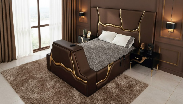 Design, Bett, Polster, Better, Duebelbett, Bestiet Geschir, Luxus, Schlofzëmmer, Bettrumm