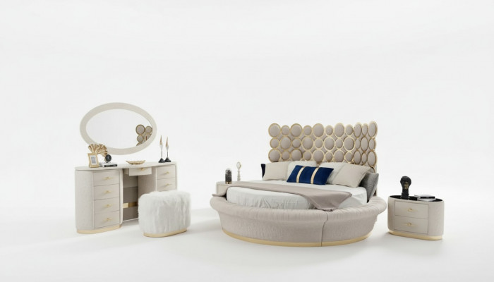 Modern Schlofzëmmer Set Bett + 2x Nuetsdësch + Schminktisch + Spigel 5 Deeler