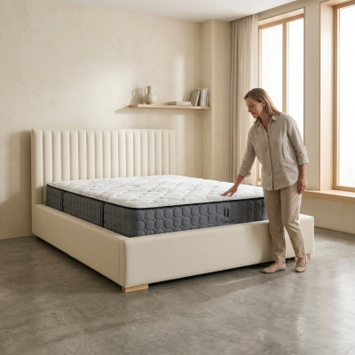 Bett Beige Duebelbett Holz Modern Elegantes Bett Polster Stoff Schlofzëmmer Nei