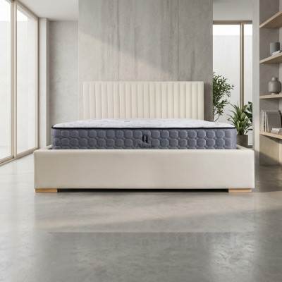 Bett Beige Duebelbett Holz Modern Elegantes Bett Polster Stoff Schlofzëmmer Nei