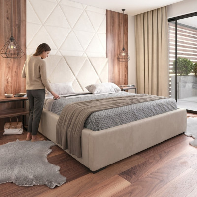 Bett Beige Duebelbett Stil Elegantes Bett Polster Stoff Schlofzëmmer Modern Nei