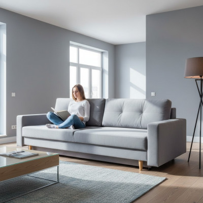 Komfortabelt a funktionellt ausklapps 3-Platzen-Sofa an hellgroer Faarf am moderne Stil.