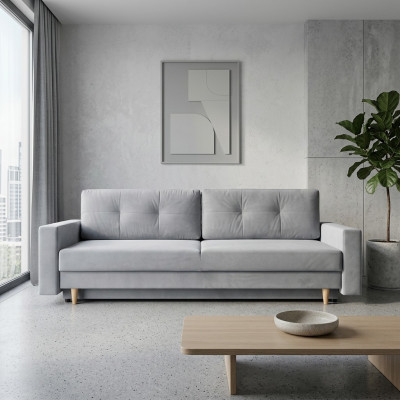 Komfortabelt a funktionellt ausklapps 3-Platzen-Sofa an hellgroer Faarf am moderne Stil.
