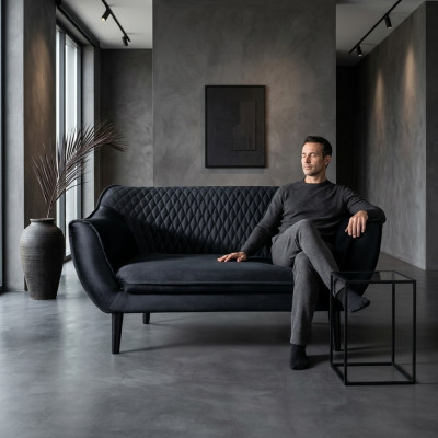 Sofa 2 Sëtzer Schwaarz Modern Wunnzëmmer Luxus Design Holz Miwwelen Polster Stoff