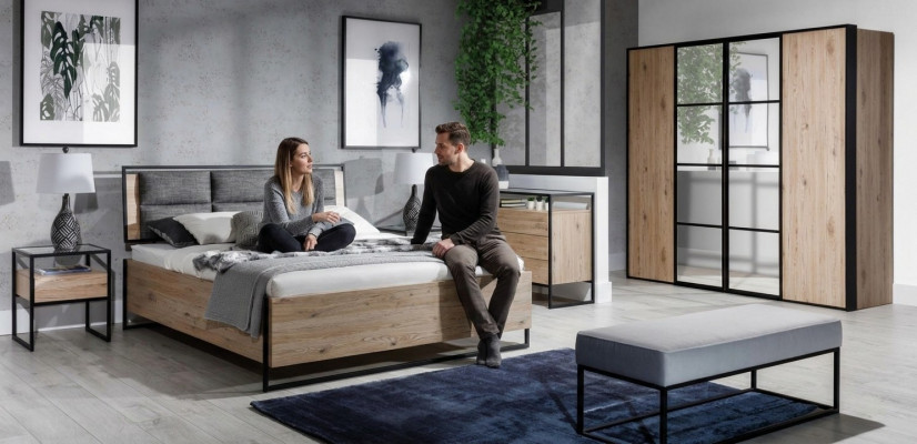 Schlofzëmmer Set Beige Bett 2x Nuetsdëscher Kommode Kleederschaf Nei 5stëck.