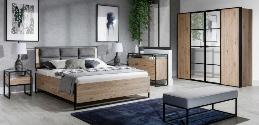 Schlofzëmmer Set Beige Bett 2x Nuetsdëscher Kommode Kleederschaf Nei 5stëck.