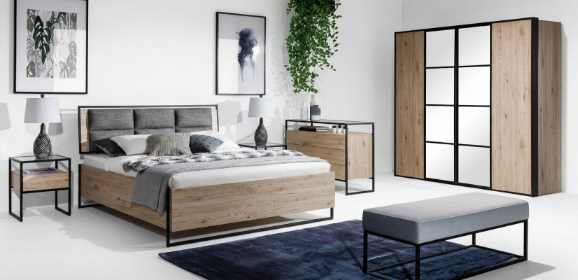 Schlofzëmmer Set Beige Bett 2x Nuetsdëscher Kommode Kleederschaf Nei 5stëck.