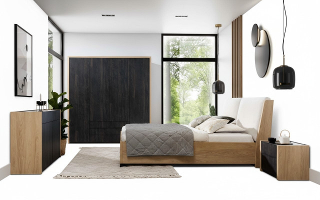 Schlofkummer Set Beige Bett 2x Nuetsdëscher Kommode Kleederschaf Modern 5-Stéck.